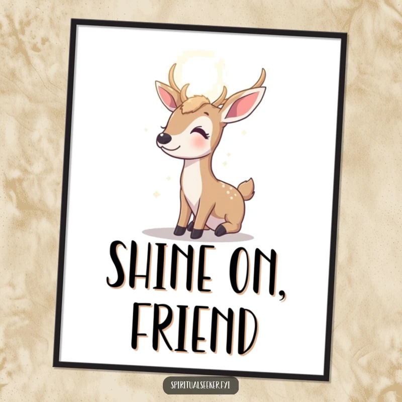 Funny contented deer poster, a peaceful deer looking towards a radiant light, bringing hope and humorous inspiration indoors.