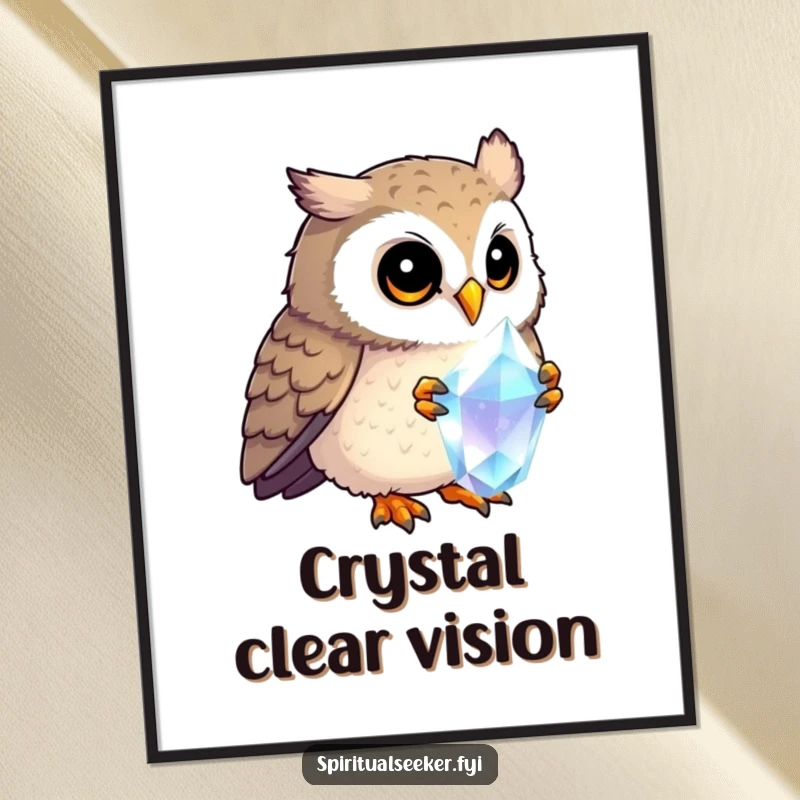 Funny curious owl poster, illustrating an owl deeply engrossed in examining a radiant crystal. Ideal for art lovers seeking whimsical decor.