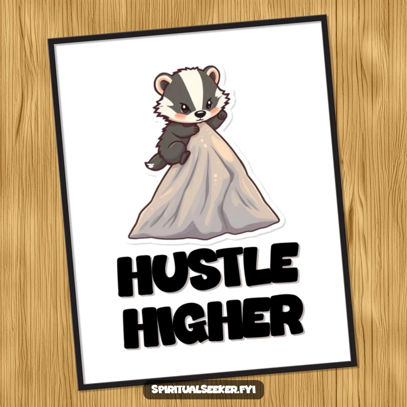 Funny determined badger poster featuring a character climbing a small, sparkling mountain peak, bringing motivational and humorous vibes.