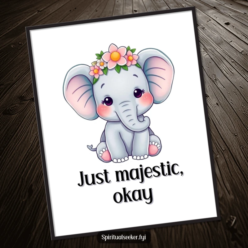 Funny poster print of a serene elephant wearing a flower crown, radiating peace and beauty, perfect for calm home decor, funny gift.