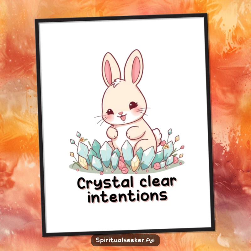 Funny poster of a happy rabbit tending a garden of tiny, sparkling crystals, adding whimsical magic to decor.