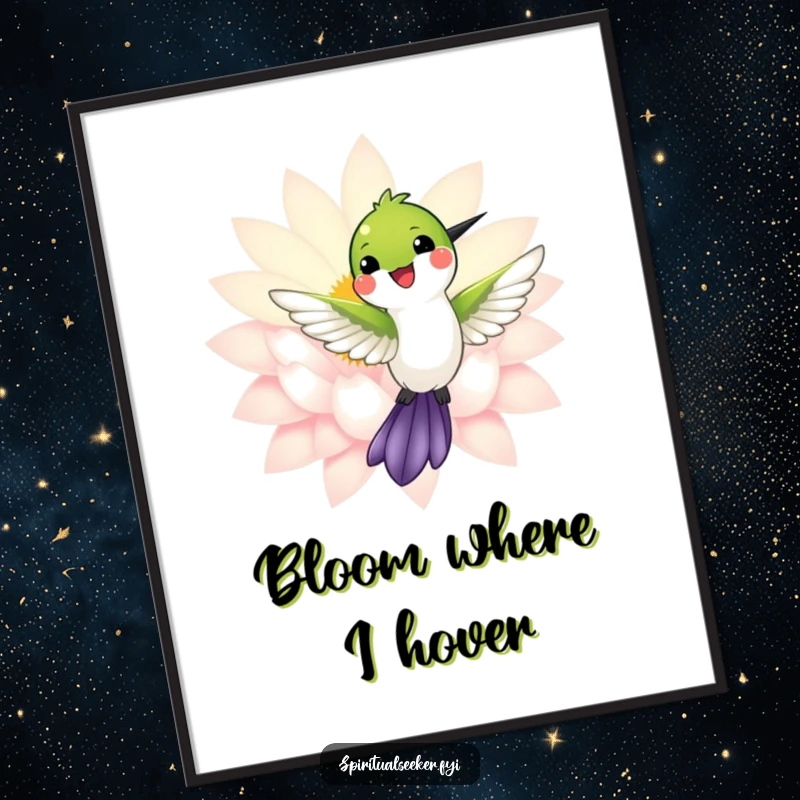 Funny poster showcasing a cheerful hummingbird near a luminous lotus flower, creating a scene of delicate beauty.
