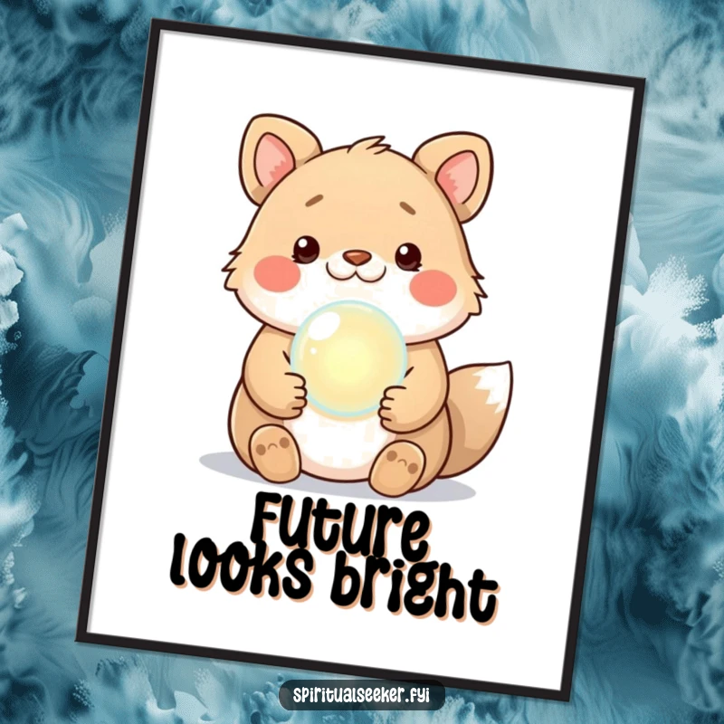 Funny Kawaii Animal Poster depicting a mystic peering into a glowing crystal ball, adding humorous wall decor, great for gifts.