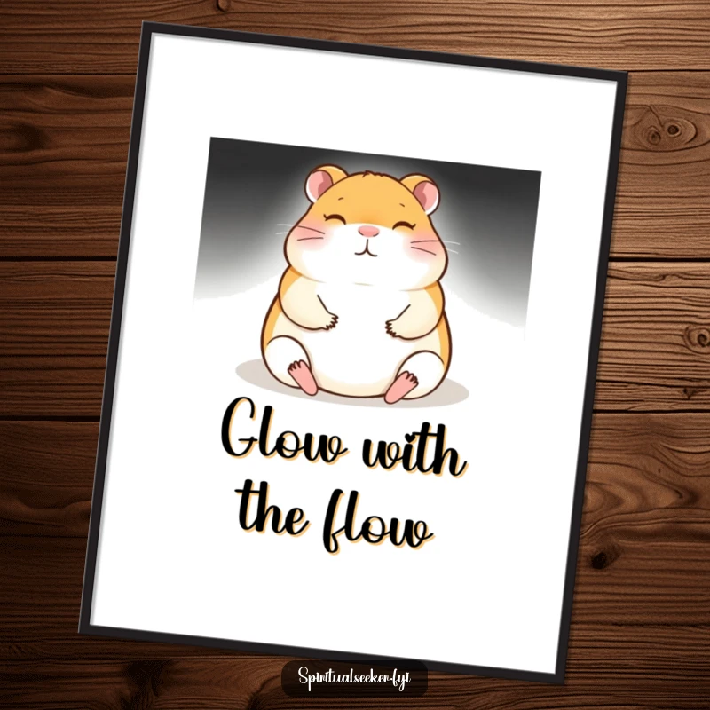 Funny meditating hamster poster featuring a softly glowing, peaceful hamster in deep meditation. Adds calm humor to any wall space.