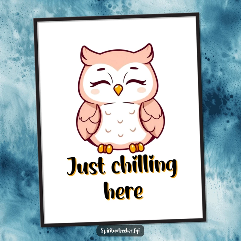 Funny meditating owl poster, peaceful smiling character, bringing serenity and calm to wall decor. Artistic and mindful.