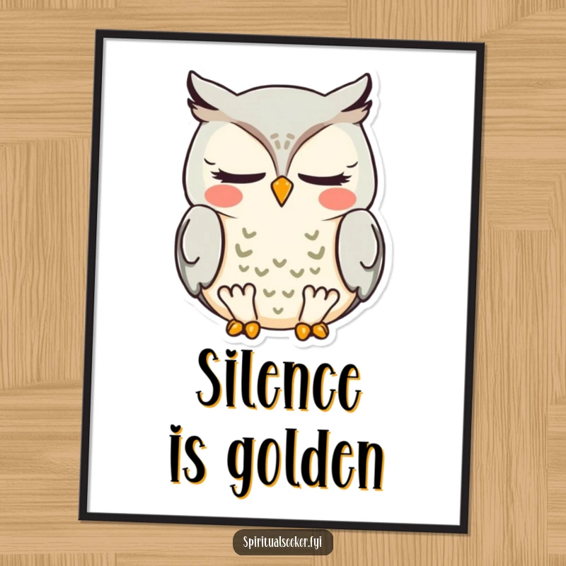 Funny meditating owl poster featuring a wise bird closed-eyed and smiling, bringing serene humor to any room.