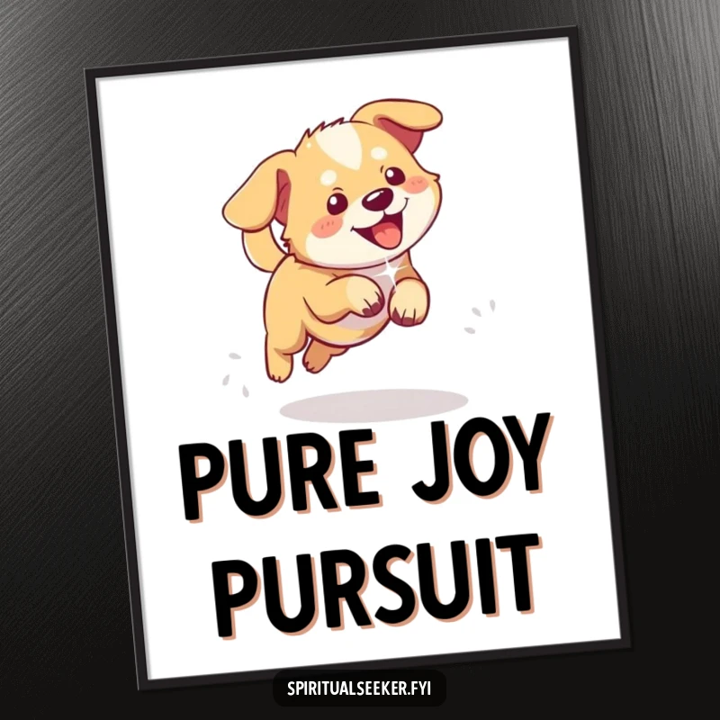 Funny poster of a playful dog joyfully chasing a shimmering ethereal light, adding happy energy to decor.