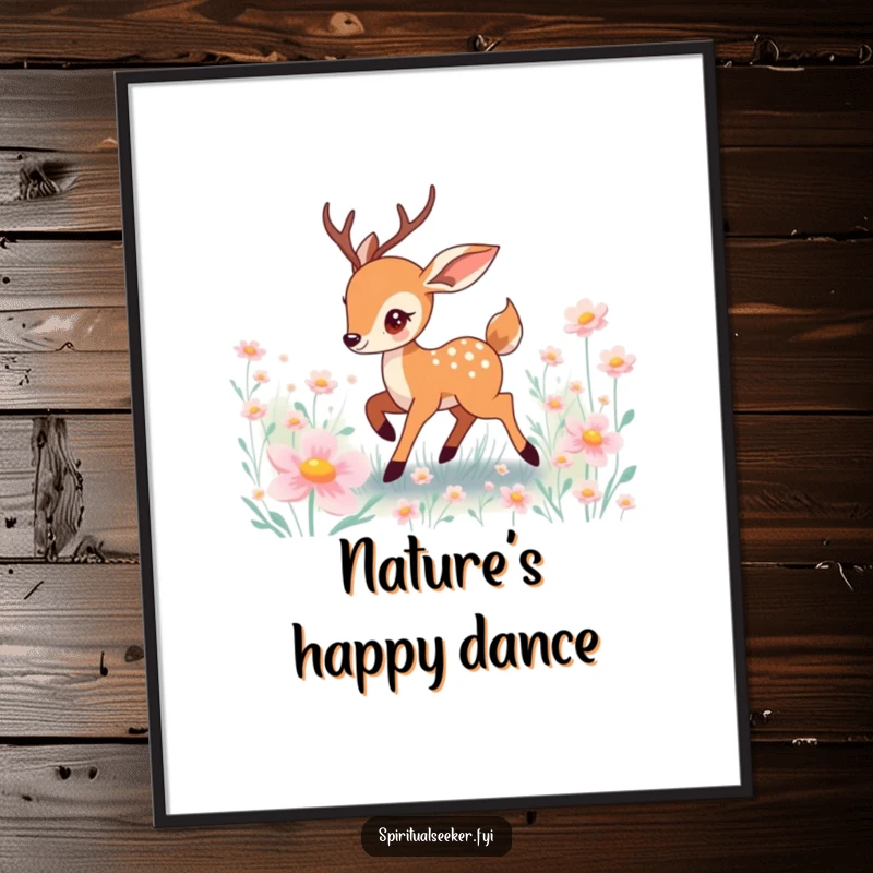 Funny deer poster depicting a playful character prancing joyfully through a field of ethereal, glowing flowers.