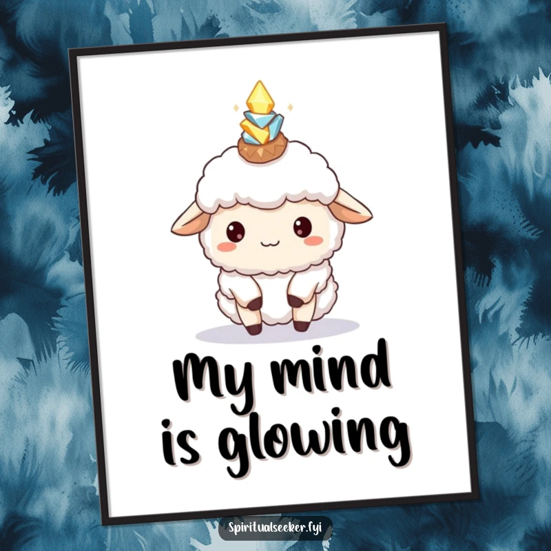 Funny Sheep Poster: Cute fluffy sheep balancing glowing crystals on its head, a whimsical and humorous art print.