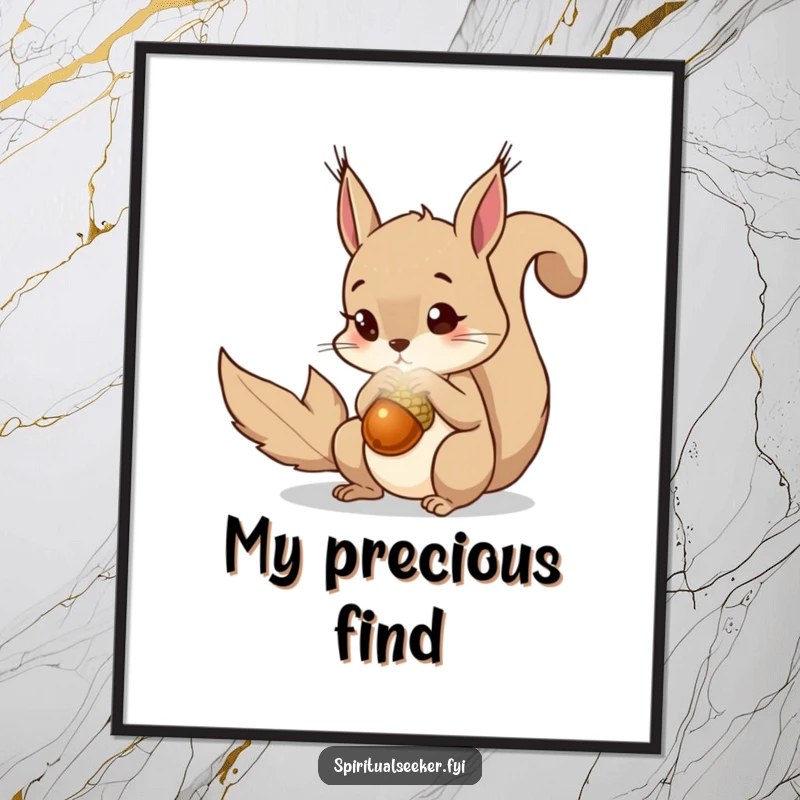 Funny squirrel poster showing a curious squirrel staring at a vibrant, magical acorn. Whimsical wall art.