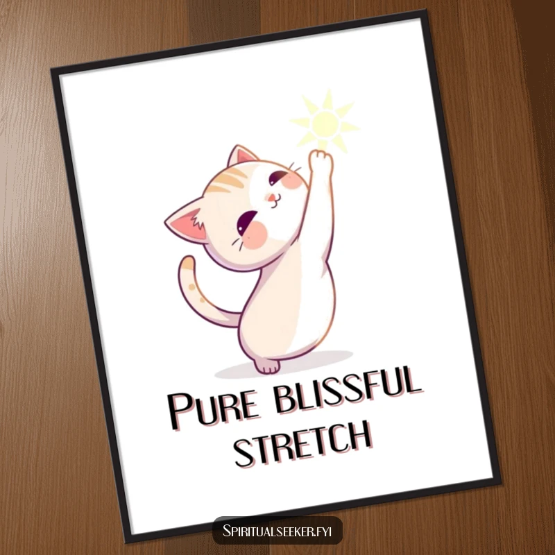 Funny cat poster of a serene character stretching gracefully towards a gentle, luminous beam of light.