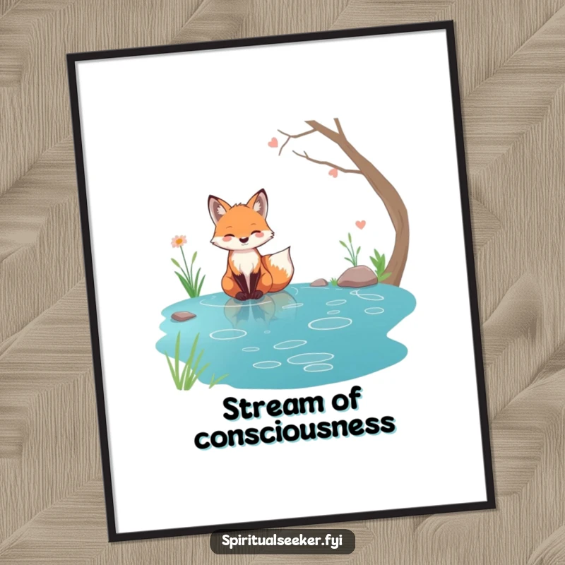 Funny tranquil fox poster, serene character by a crystal-clear stream, bringing a sense of peace and nature.
