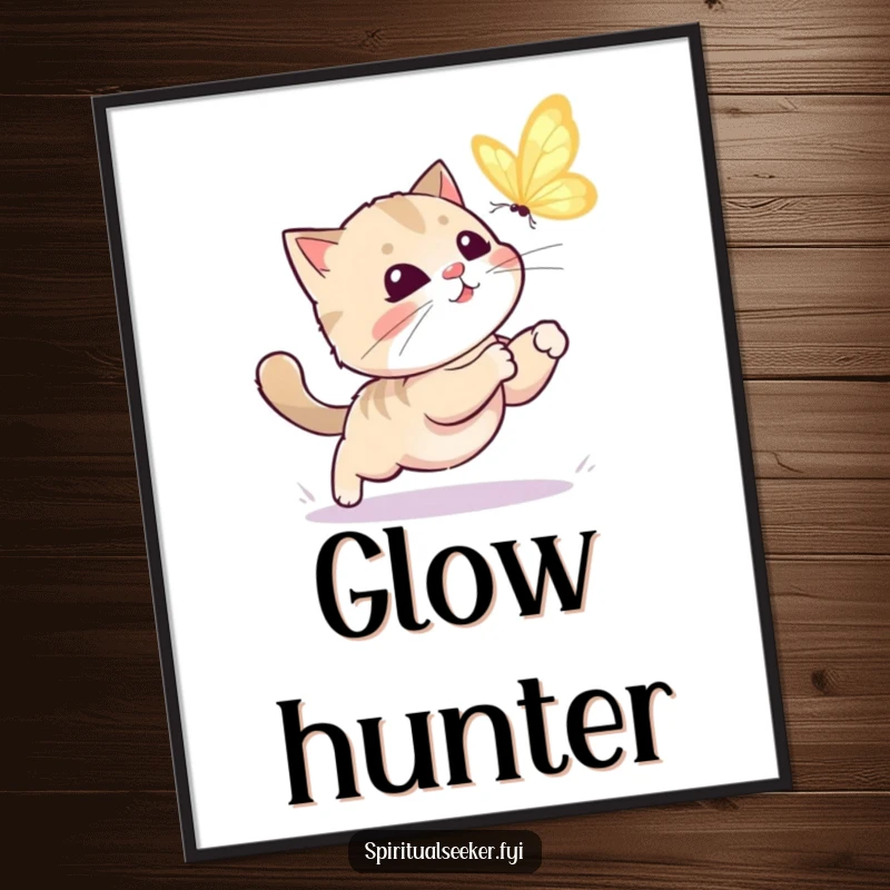 Funny kawaii cat poster displaying a whimsical feline playfully pursuing a radiant butterfly, capturing a moment of pure, joyful energy.