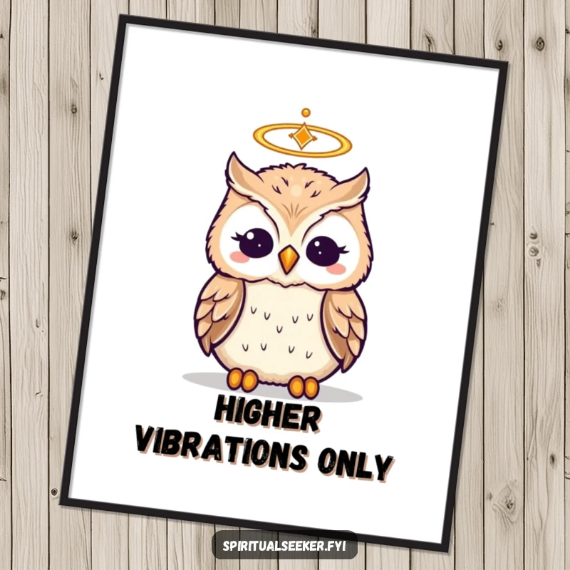 Funny poster of a wise owl wearing a tiny halo and meditating, adding humor and zen to decor.