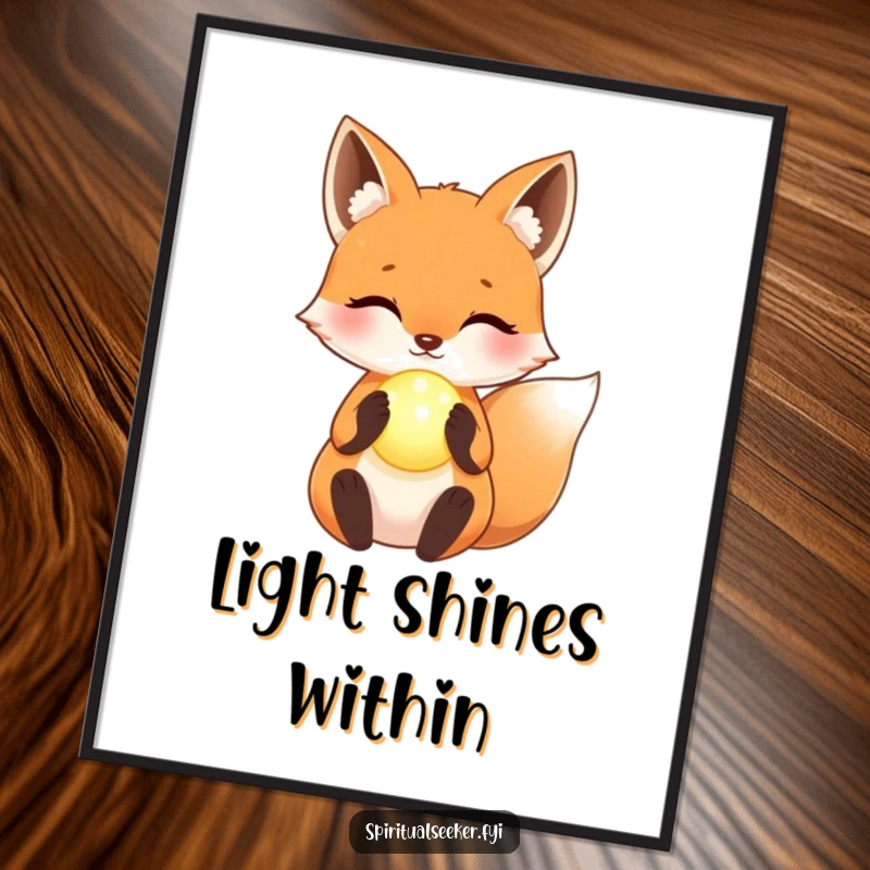 Funny Poster: A kawaii fox with a peaceful expression holding a radiant glowing orb, symbolizing magic and serenity.