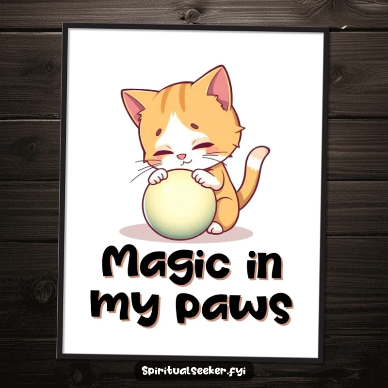 Funny poster of a curious cat exploring a glowing mystical orb, adding magical humor to decor.