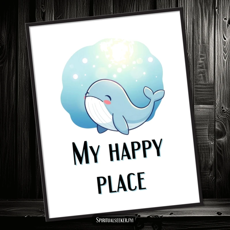 Funny whale poster showing a thoughtful whale character looking up at a beautiful, magical underwater glow. Unique wall art.