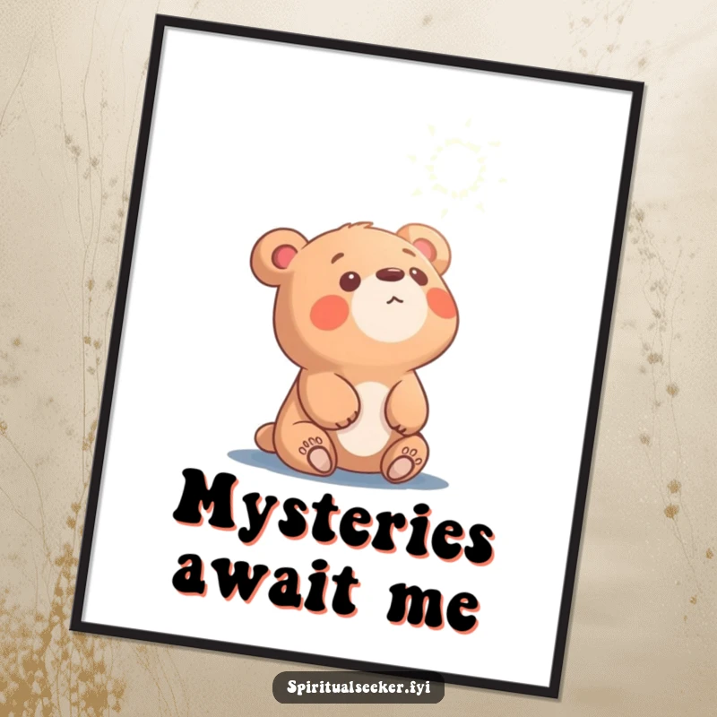 Funny curious bear poster, character gazing at shimmering ethereal light, creating a sense of wonder and mystery.