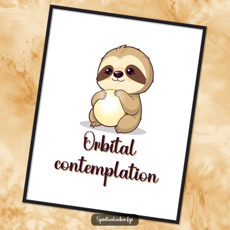 Funny poster showcasing a deeply thoughtful sloth observing a radiant, glowing orb, evoking contemplation and mystery.