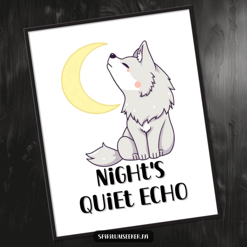 Funny poster featuring a tranquil wolf howling gently at a crescent moon, evoking a peaceful and mysterious atmosphere.