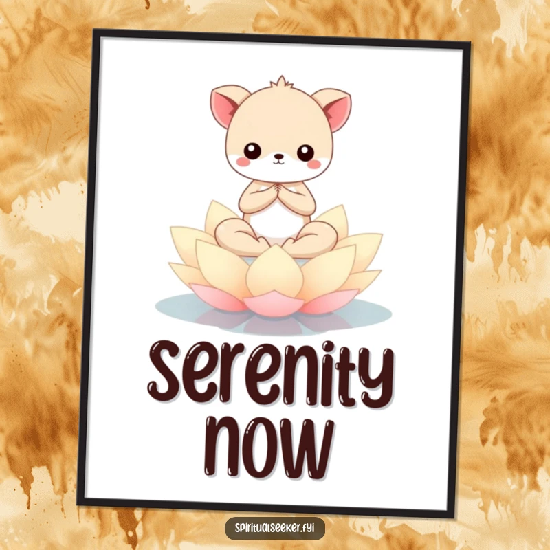 Funny Kawaii animal meditating peacefully on a lotus flower, depicted in a serene poster print for calming and humorous wall art.