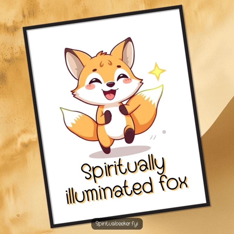 Funny poster illustration of a smiling fox eagerly running after a bright spiritual symbol, creating a whimsical and humorous visual.