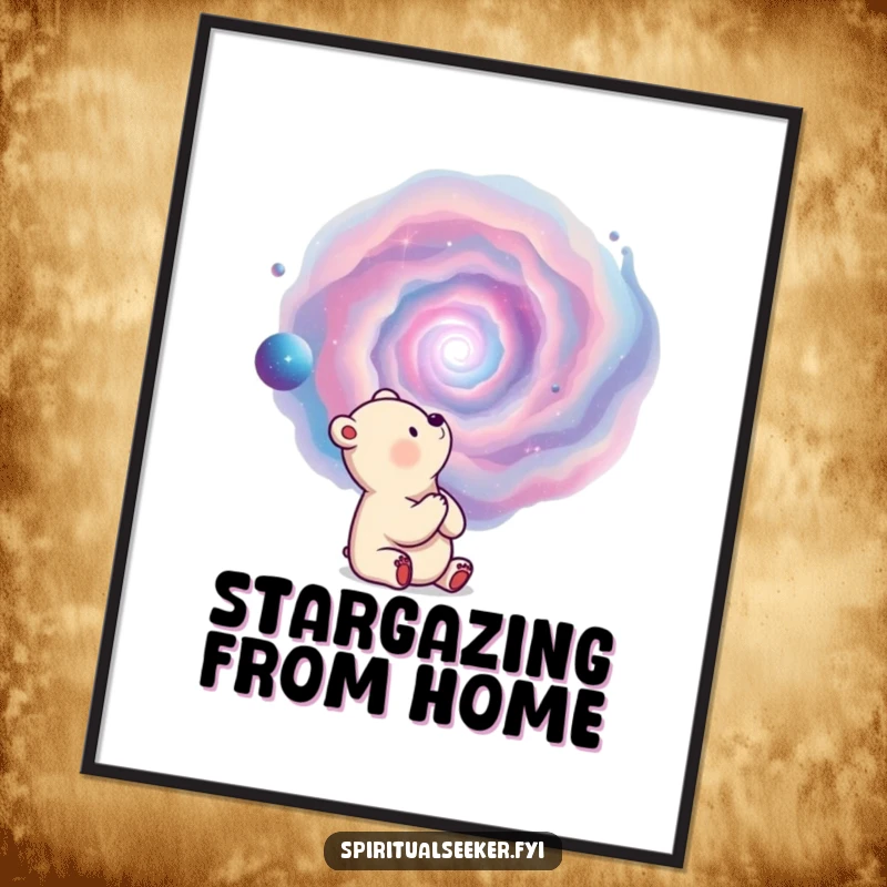 Funny poster of a thoughtful bear observing a swirling nebula, adding cosmic wonder and humor to decor.