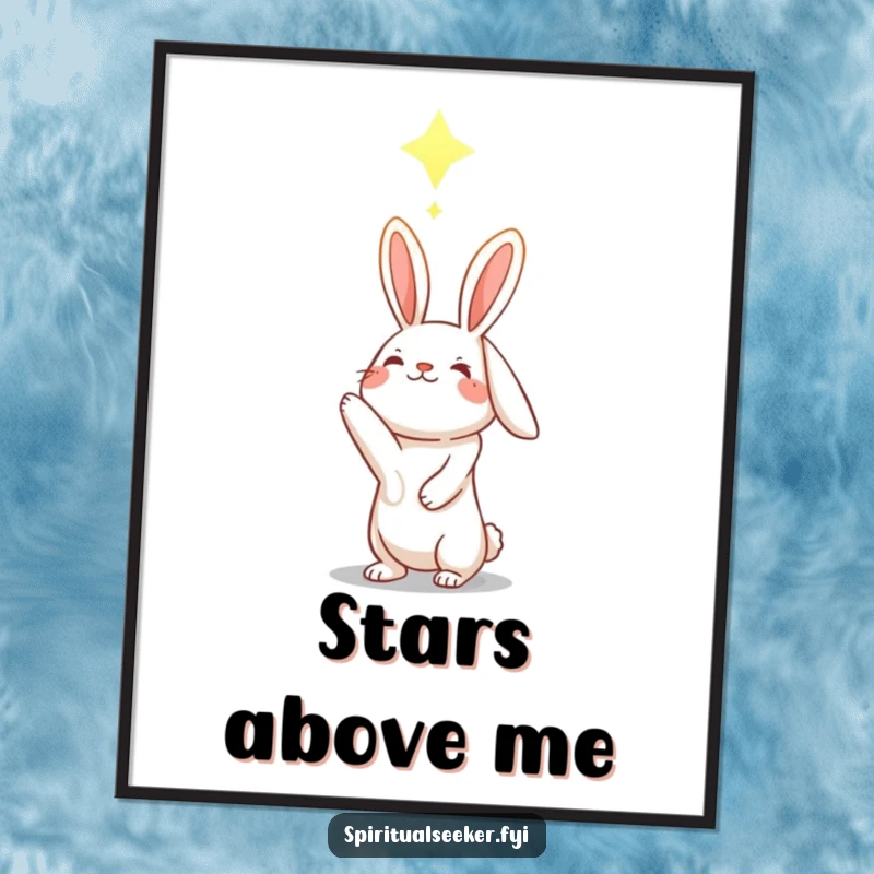 Funny hopeful rabbit poster, character reaching for a glowing constellation, creating a magical and hopeful ambiance.