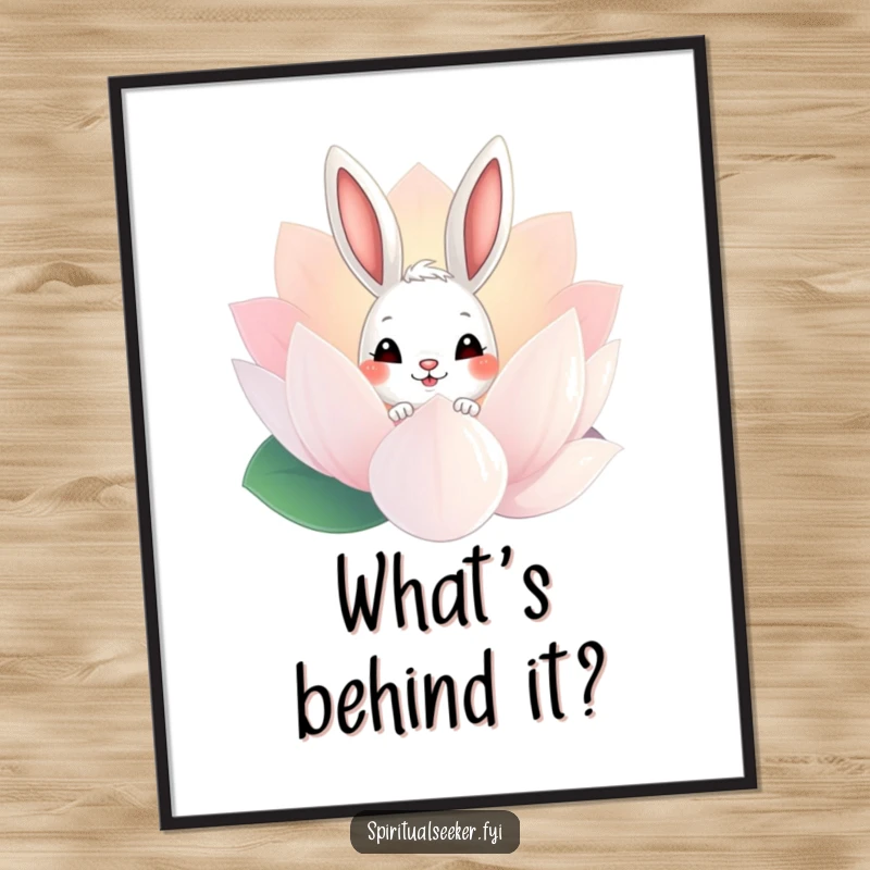 Funny Bunny Poster: A curious rabbit peeking from a large shimmering lotus flower, creating a whimsical and humorous wall art.