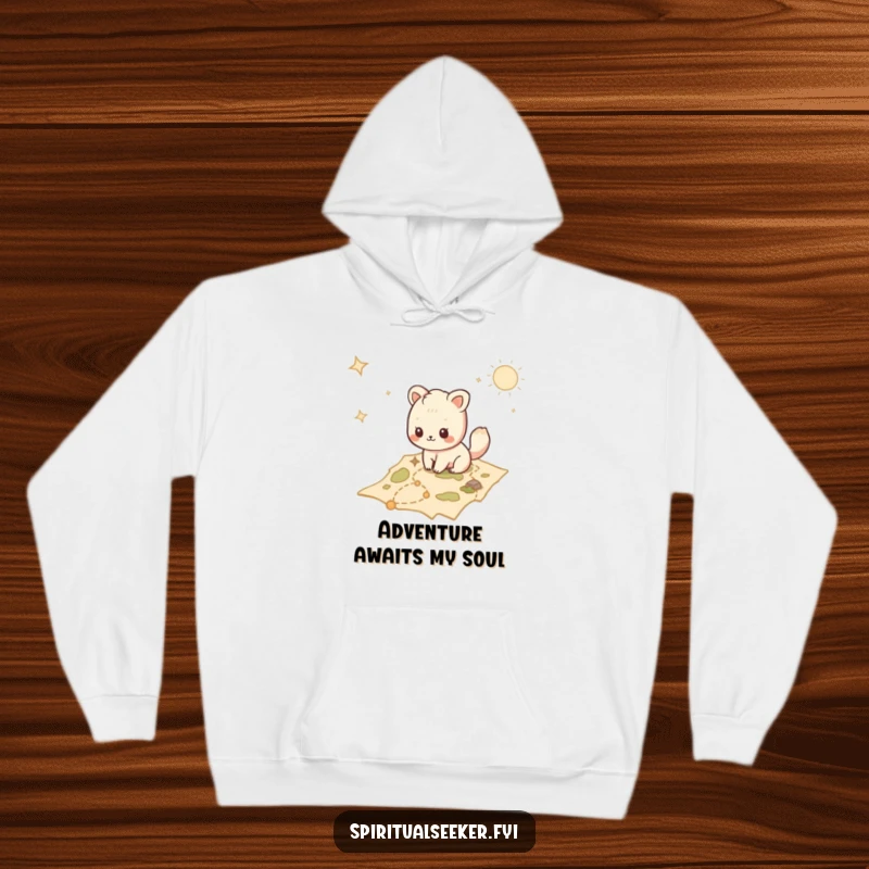 Funny Kawaii animal hoodie design featuring a curious character exploring a mystical map, inviting warmth and adventure.