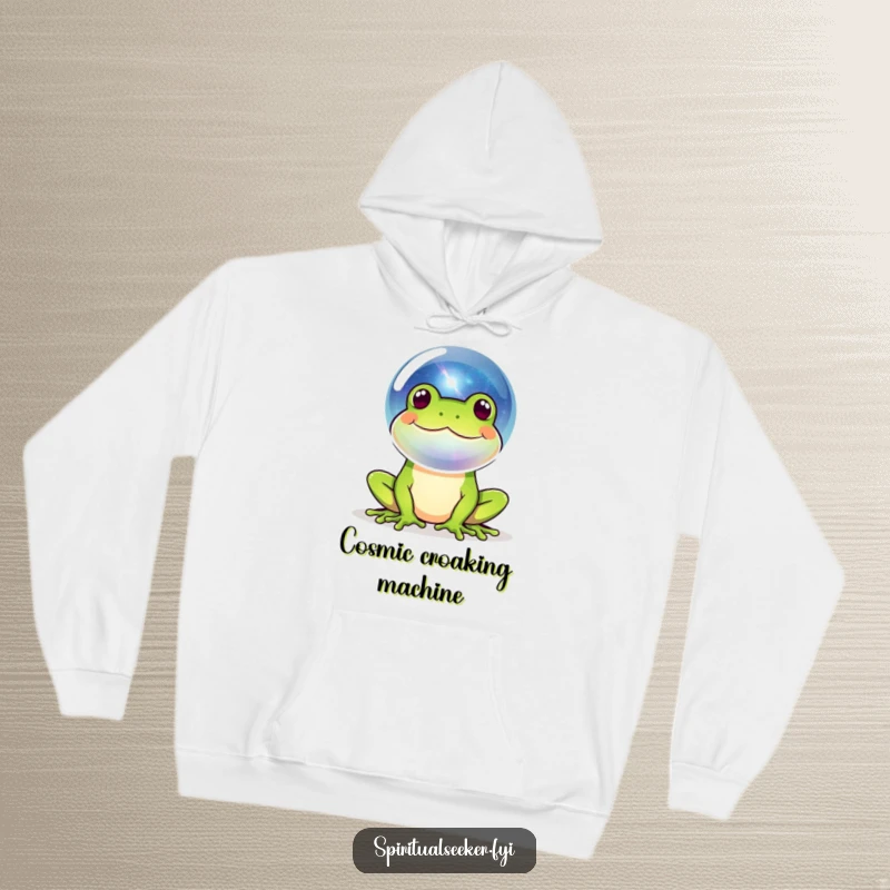 Funny frog hoodie depicting a happy amphibian blowing a bubble reflecting a miniature galaxy, offering warmth and a dose of whimsical, cosmic humor.