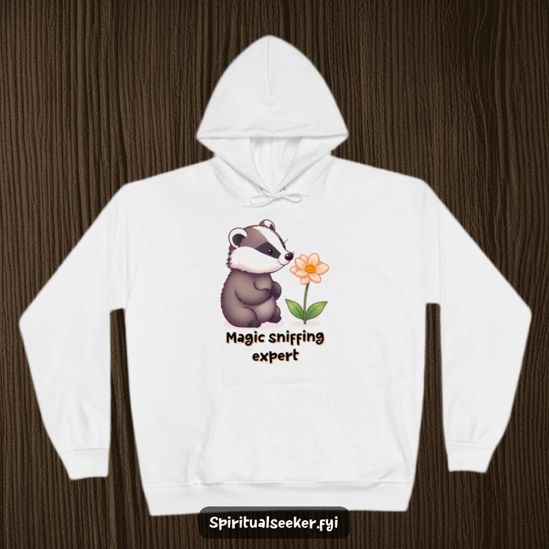 Funny hoodie featuring a deep-thinking badger captivated by a luminous, magical flower, creating a cozy and enchanting visual.