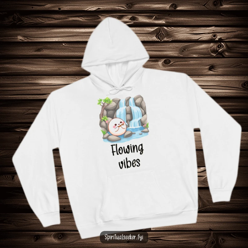 Funny hoodie depicting a happy, bouncy ball creature playing a tiny flute beside a serene waterfall, perfect for cozy relaxation.