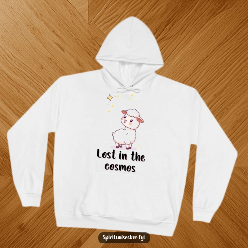 Funny kawaii sheep hoodie showing a cute sheep contemplating a detailed celestial constellation, ideal for warmth and wonder.