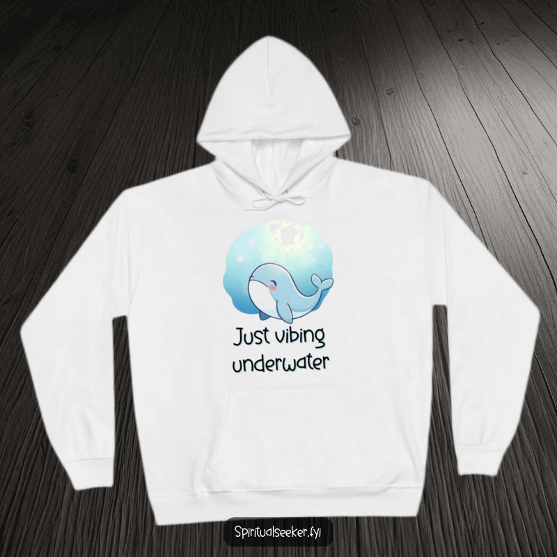 Funny whale hoodie depicting a thoughtful whale mesmerizingly observing a luminous magical glow deep underwater. Great funny gift.