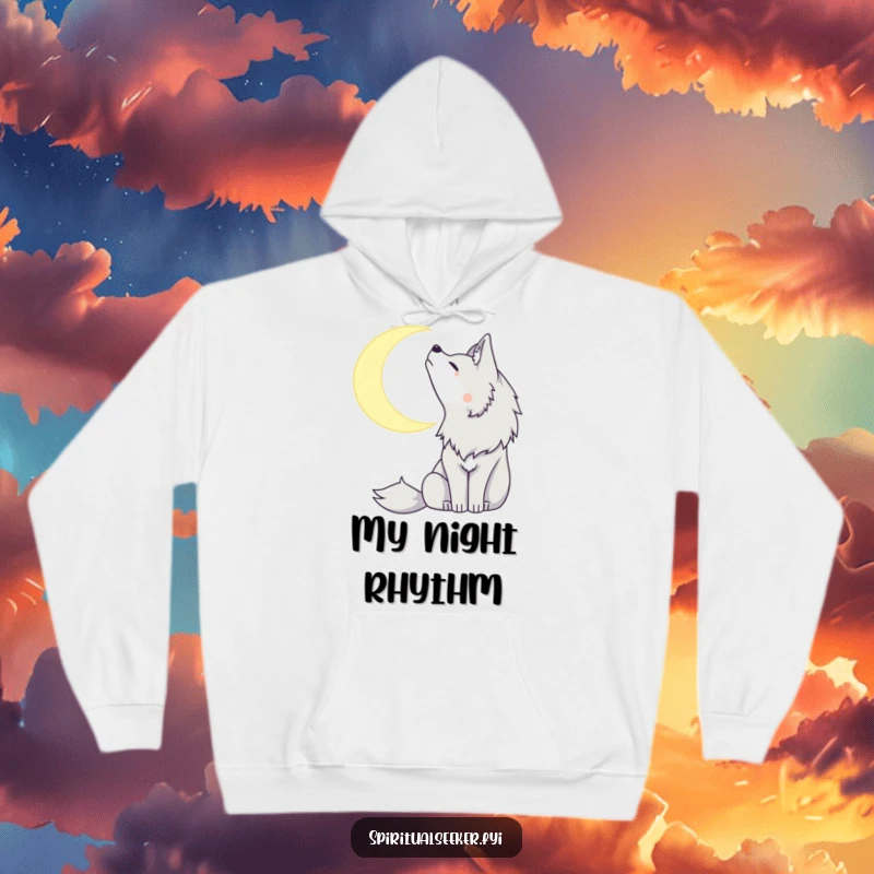 Funny hoodie featuring a peaceful wolf howling at a crescent moon, designed for warmth and a touch of nocturnal charm.