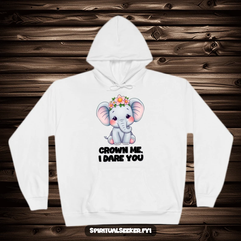 Funny hoodie showcasing a serene elephant with a beautiful flower crown, embodying peace and comfort, a perfect funny gift.