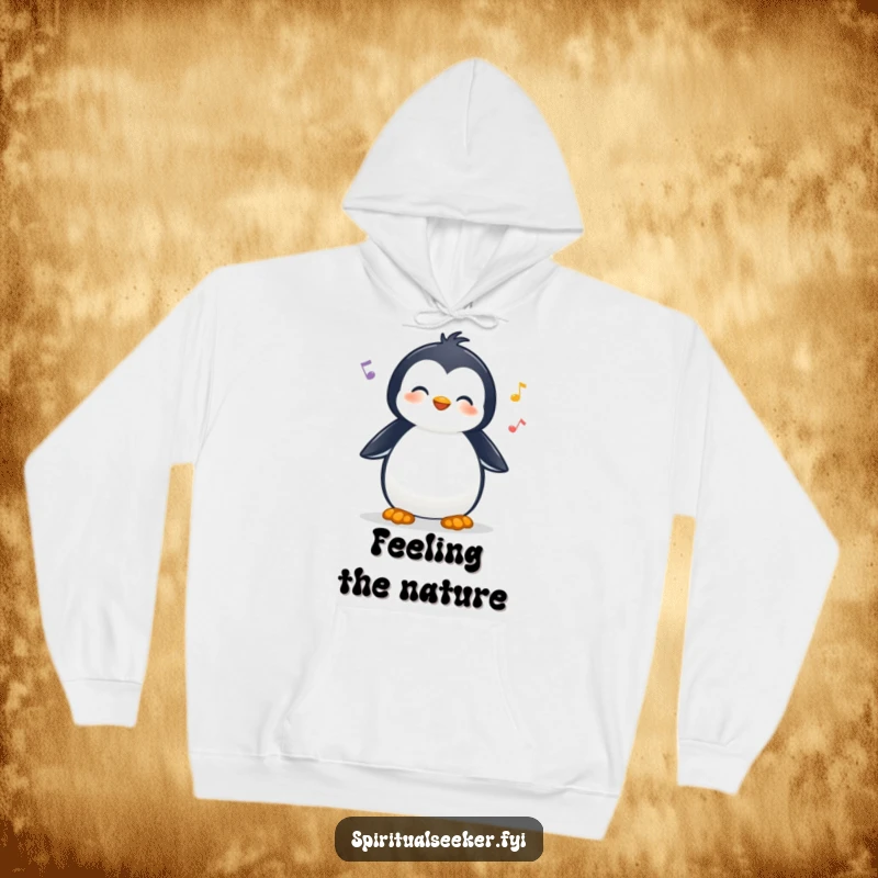 Funny hoodie featuring a cheerful penguin character peacefully listening to nature sounds, perfect for cozy outdoor moments.