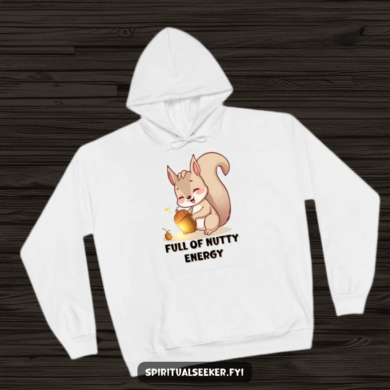 Funny hoodie featuring a giggling squirrel discovering a glowing acorn, offering warmth and a touch of playful delight.