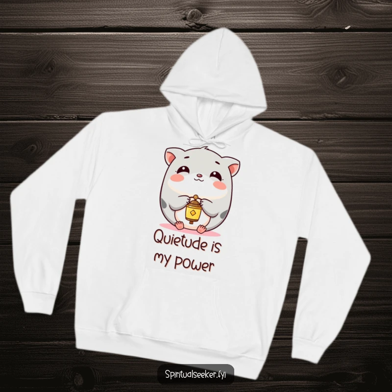 Funny Hoodie with a serene Kawaii animal carefully balancing a small chime, offering comfort and a sense of calm.