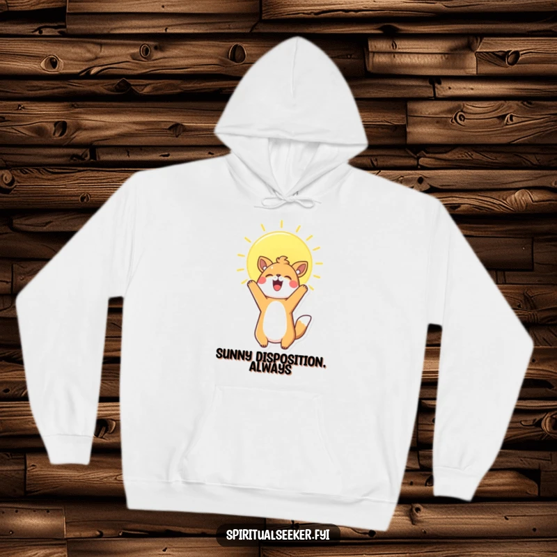 Funny Hoodie featuring an adorable Kawaii animal stretching its arms up to a warm, glowing sun, offering comfort and cheer.