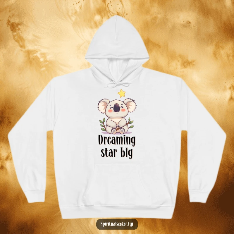 Funny koala hoodie showing a content koala gazing at a gentle, shining star, offering warmth and humor.