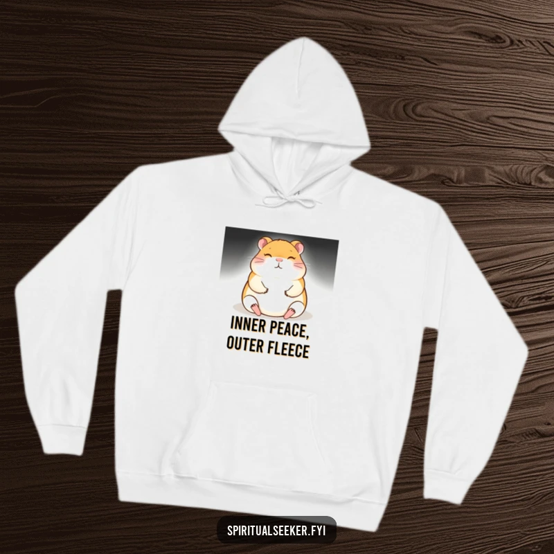 Funny meditating hamster hoodie, radiating a gentle, warm glow, symbolizing peace and comfort. A cozy and humorous apparel choice.