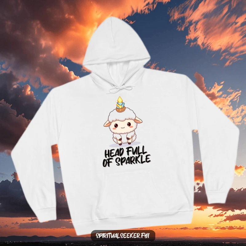 Funny Sheep Hoodie: Fluffy sheep balancing a stack of glowing crystals on its head, a humorous and peaceful design.