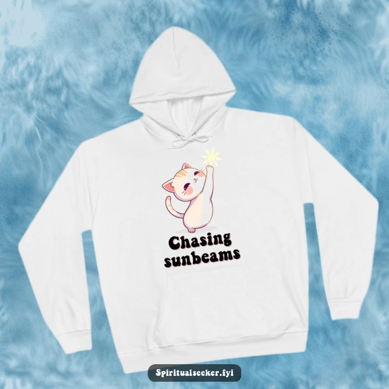 Funny cat hoodie showing a serene character stretching gracefully towards a warm, inviting beam of light.