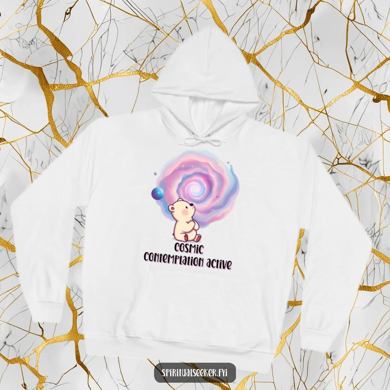 Funny hoodie featuring a thoughtful bear observing a swirling nebula, perfect for cozy cosmic contemplation.