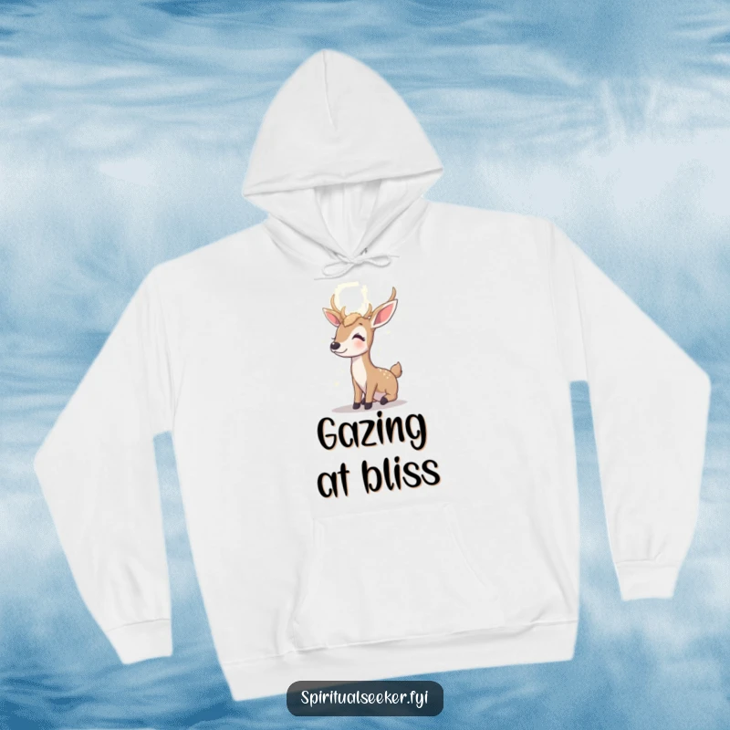 Funny contented deer hoodie, featuring a peaceful deer gazing at a radiant light, offering warmth and optimistic humor.