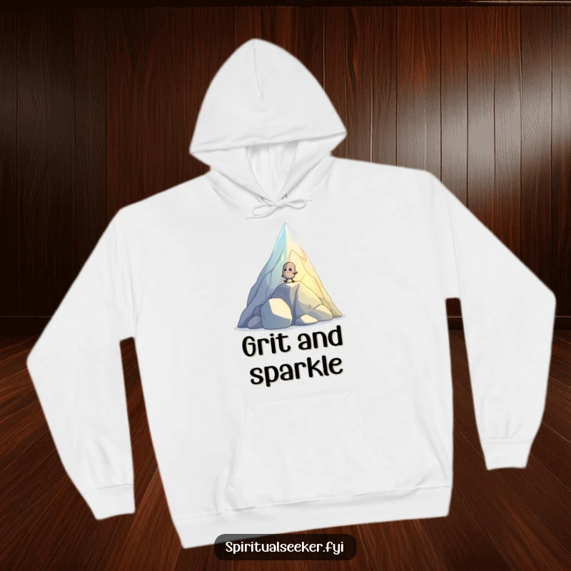 Funny hoodie depicting a small, determined pebble creature hiking up a glowing, crystal mountain, perfect for cozy adventures.