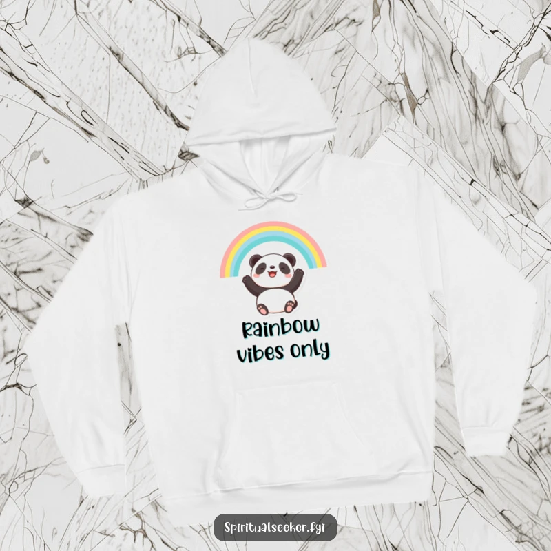 Funny hoodie with a happy panda beneath a rainbow, conveying feelings of warmth, hope, and peaceful joy.