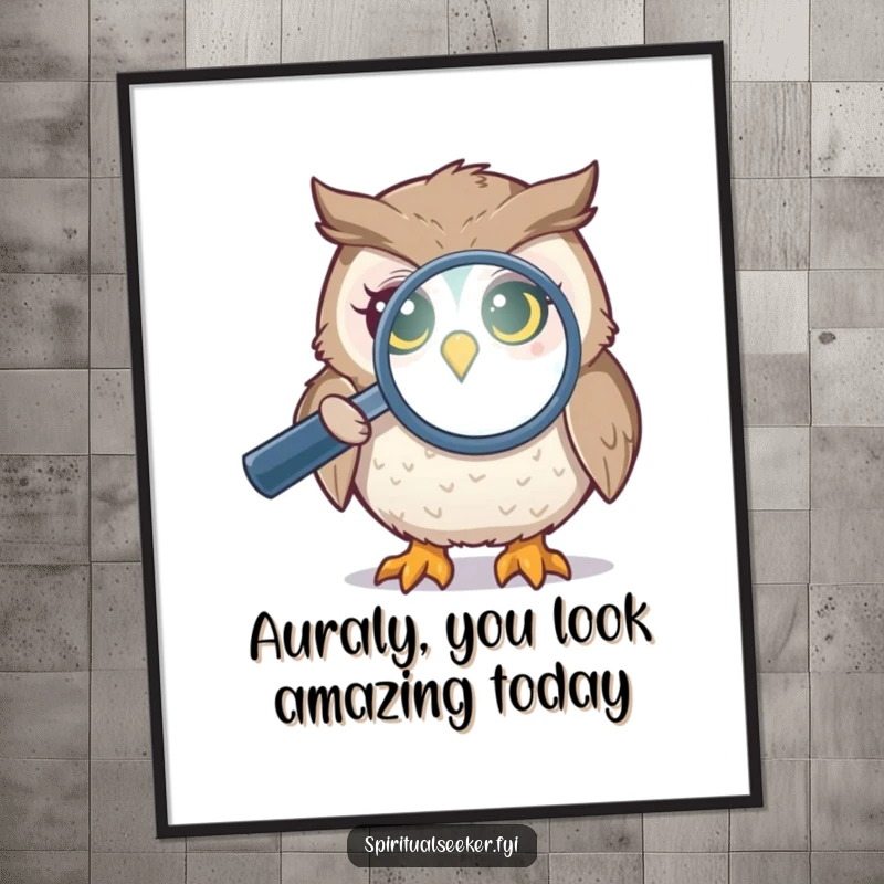 Funny free printable wall art of a curious owl investigating a vibrant, shimmering aura with a magnifying glass.